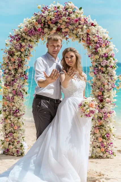 Pink classic floral wedding arch, Ulyana and Andrei, Phuket — photo 9