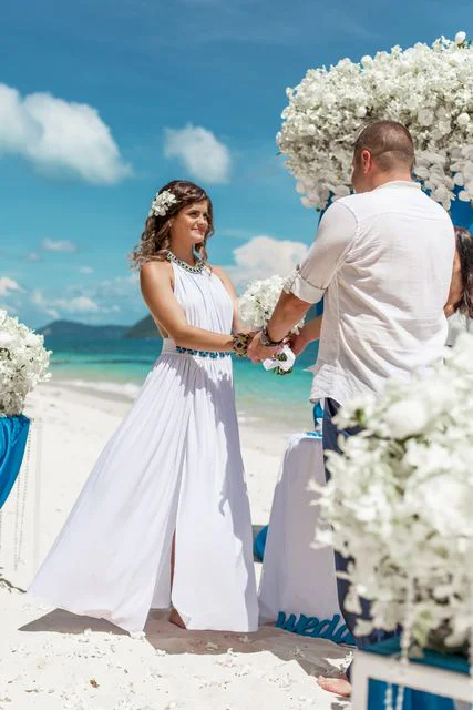 Blue geometric bamboo wedding arch, Phuket — photo 4
