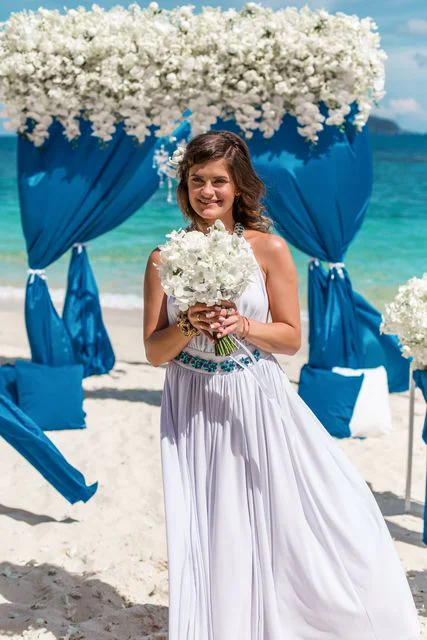 Blue geometric bamboo wedding arch, Phuket — photo 19