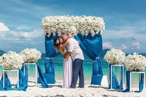 Blue geometric bamboo wedding arch, Phuket — photo 21