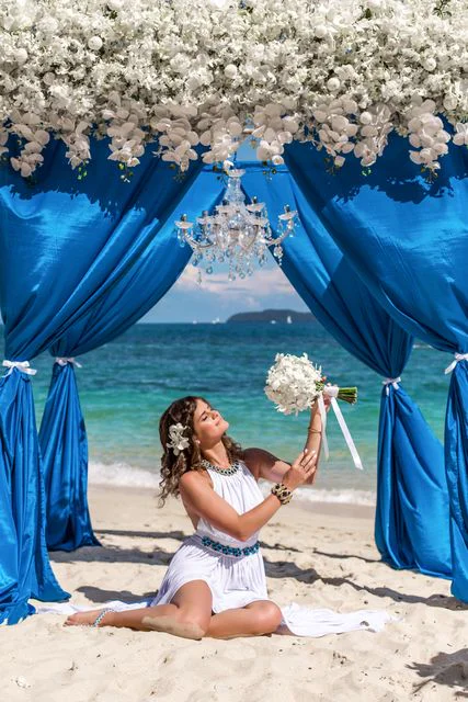 Blue geometric bamboo wedding arch, Phuket — photo 24