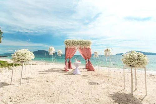 Pink geometric bamboo wedding arch, Natasha and Venya, Phuket — photo 1