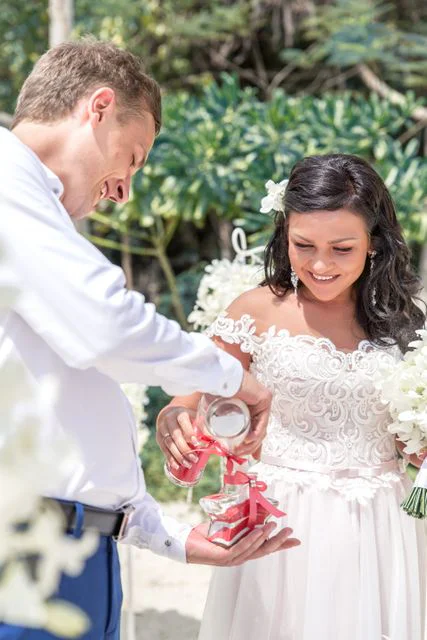Pink geometric bamboo wedding arch, Natasha and Venya, Phuket — photo 15