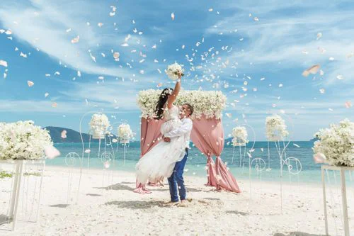 Pink geometric bamboo wedding arch, Natasha and Venya, Phuket — photo 22