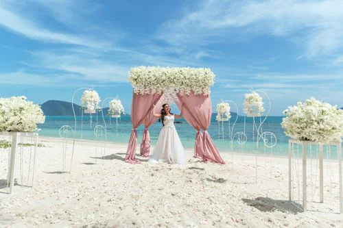 Pink geometric bamboo wedding arch, Natasha and Venya, Phuket — photo 24