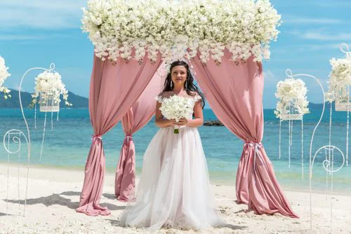 Pink geometric bamboo wedding arch, Natasha and Venya, Phuket — photo 27