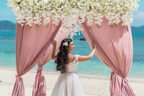 Pink geometric bamboo wedding arch, Natasha and Venya, Phuket — photo 28