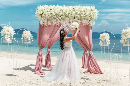 Pink geometric bamboo wedding arch, Natasha and Venya, Phuket — photo 30