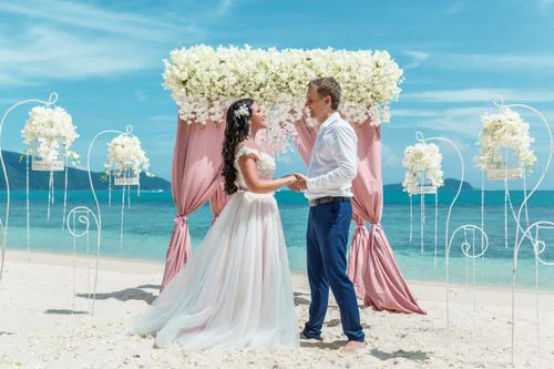 Pink geometric bamboo wedding arch, Natasha and Venya, Phuket — photo 32