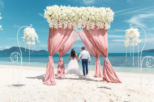 Pink geometric bamboo wedding arch, Natasha and Venya, Phuket — photo 34