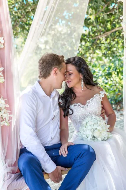 Pink geometric bamboo wedding arch, Natasha and Venya, Phuket — photo 39