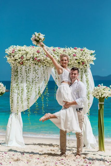 Green geometric bamboo wedding arch, Ina and Tautvydas, Phuket — photo 33
