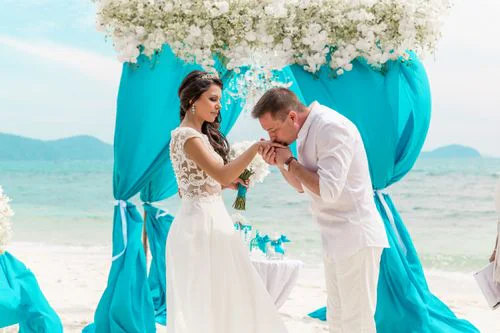 Turquoise geometric bamboo wedding arch, Marina and Andrei, Phuket — photo 11