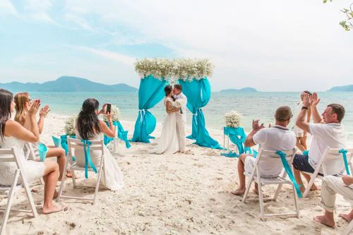 Turquoise geometric bamboo wedding arch, Marina and Andrei, Phuket — photo 13