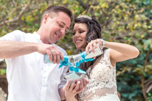 Turquoise geometric bamboo wedding arch, Marina and Andrei, Phuket — photo 14