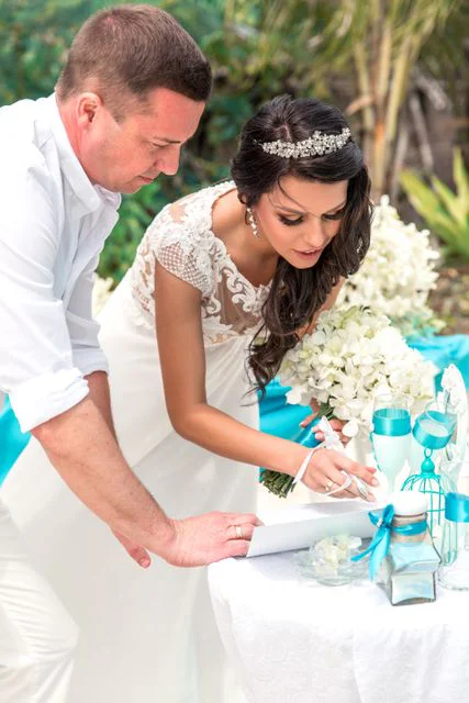 Turquoise geometric bamboo wedding arch, Marina and Andrei, Phuket — photo 16