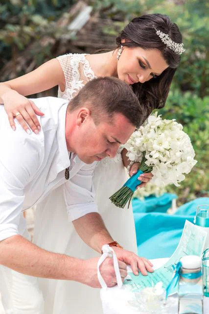 Turquoise geometric bamboo wedding arch, Marina and Andrei, Phuket — photo 17