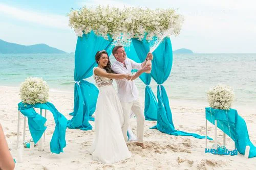 Turquoise geometric bamboo wedding arch, Marina and Andrei, Phuket — photo 19