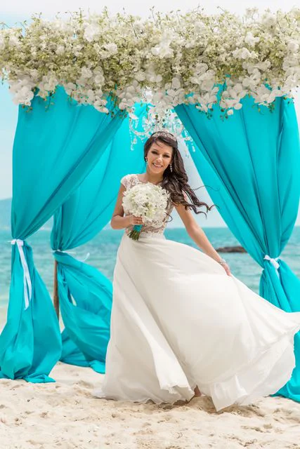 Turquoise geometric bamboo wedding arch, Marina and Andrei, Phuket — photo 29