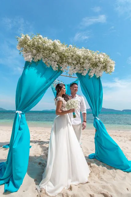 Turquoise geometric bamboo wedding arch, Marina and Andrei, Phuket — photo 37