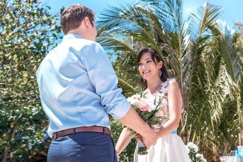 Cream and green geometric bamboo wedding arch, Vika and Valentin, Phuket — photo 6