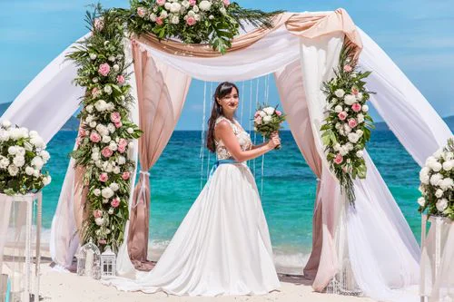 Cream and green geometric bamboo wedding arch, Vika and Valentin, Phuket — photo 15