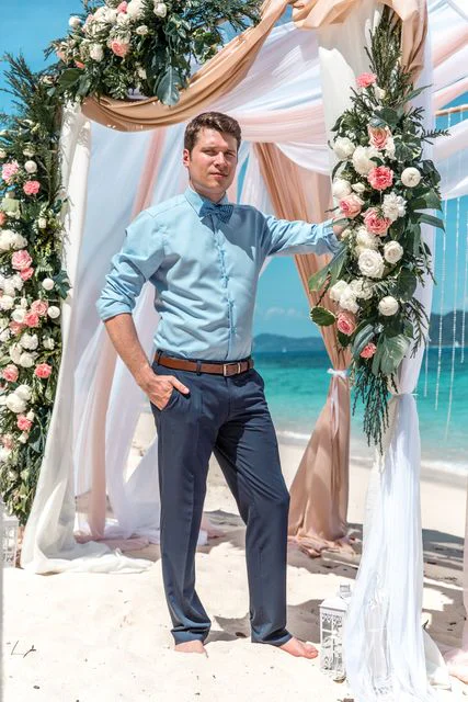 Cream and green geometric bamboo wedding arch, Vika and Valentin, Phuket — photo 18