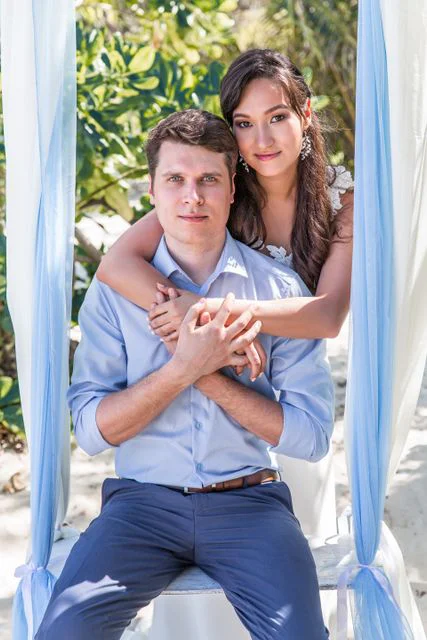 Cream and green geometric bamboo wedding arch, Vika and Valentin, Phuket — photo 28