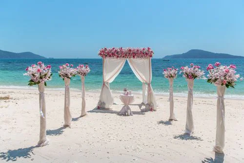 Pink and white geometric bamboo wedding arch, Phuket — photo 1