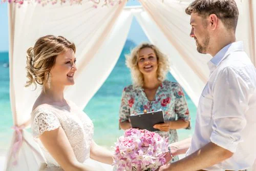 Pink and white geometric bamboo wedding arch, Phuket — photo 5