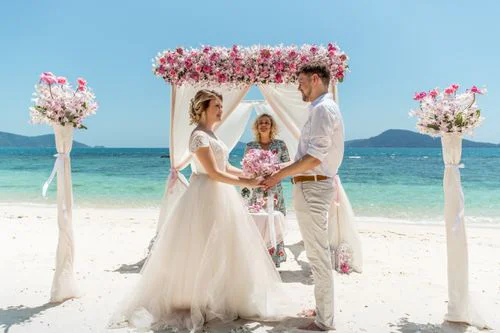 Pink and white geometric bamboo wedding arch, Phuket — photo 6