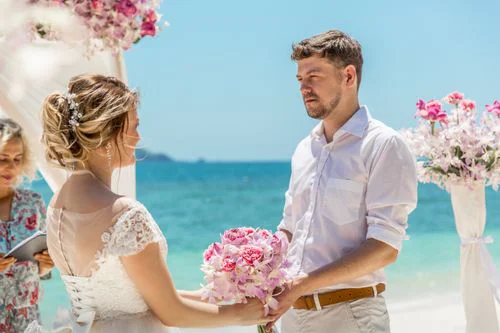 Pink and white geometric bamboo wedding arch, Phuket — photo 8