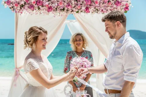 Pink and white geometric bamboo wedding arch, Phuket — photo 10