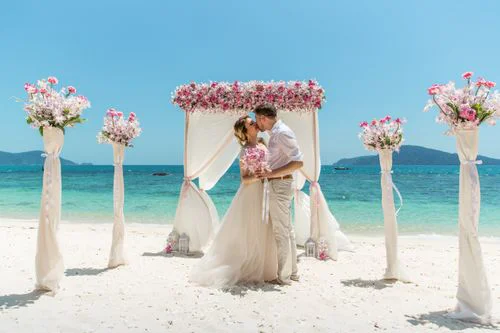 Pink and white geometric bamboo wedding arch, Phuket — photo 14