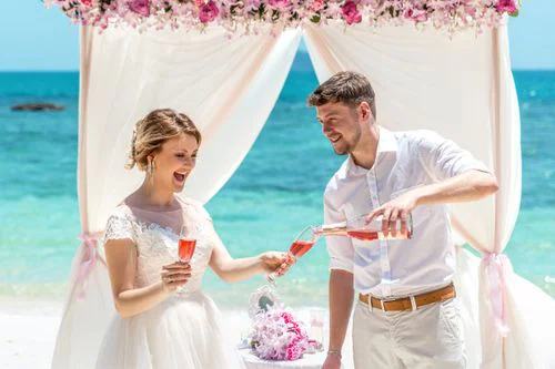 Pink and white geometric bamboo wedding arch, Phuket — photo 18