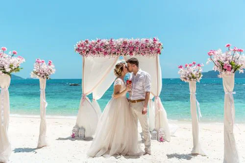 Pink and white geometric bamboo wedding arch, Phuket — photo 20