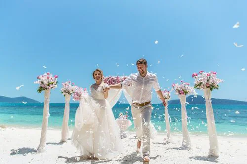 Pink and white geometric bamboo wedding arch, Phuket — photo 21