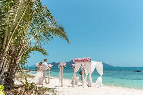 Pink and white geometric bamboo wedding arch, Phuket — photo 22