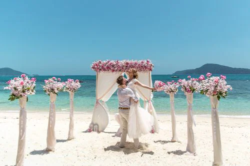 Pink and white geometric bamboo wedding arch, Phuket — photo 23
