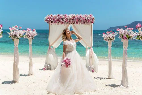 Pink and white geometric bamboo wedding arch, Phuket — photo 25