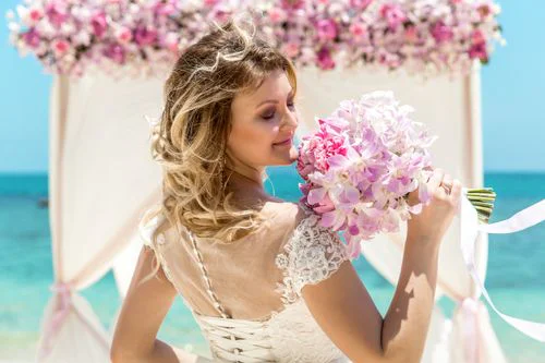 Pink and white geometric bamboo wedding arch, Phuket — photo 26