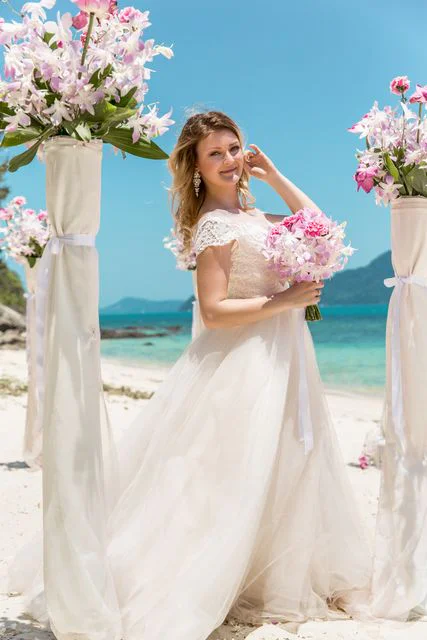 Pink and white geometric bamboo wedding arch, Phuket — photo 27