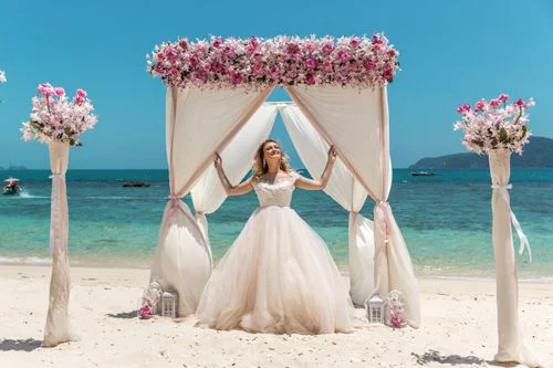 Pink and white geometric bamboo wedding arch, Phuket — photo 28