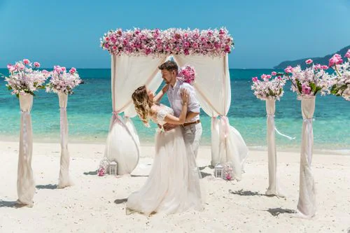 Pink and white geometric bamboo wedding arch, Phuket — photo 29