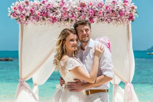 Pink and white geometric bamboo wedding arch, Phuket — photo 31