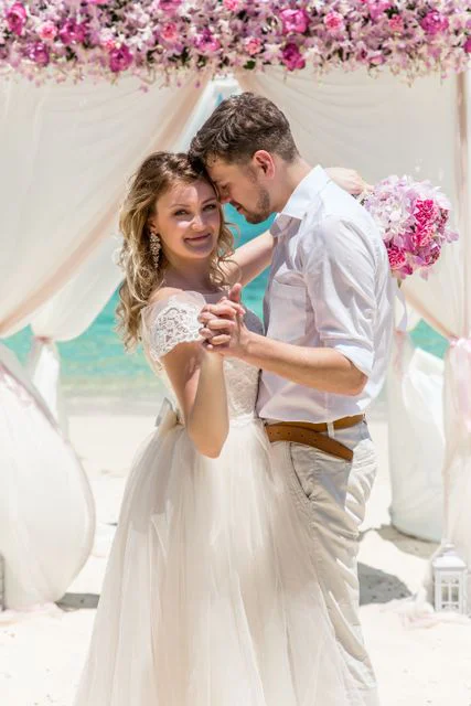 Pink and white geometric bamboo wedding arch, Phuket — photo 33