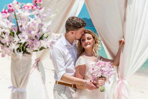 Pink and white geometric bamboo wedding arch, Phuket — photo 35