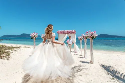 Pink and white geometric bamboo wedding arch, Phuket — photo 36