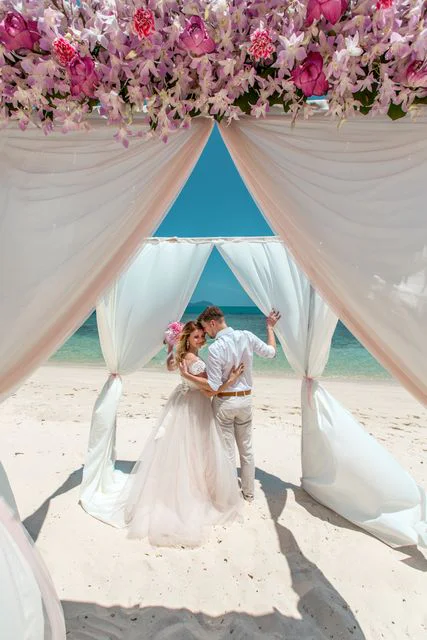 Pink and white geometric bamboo wedding arch, Phuket — photo 37