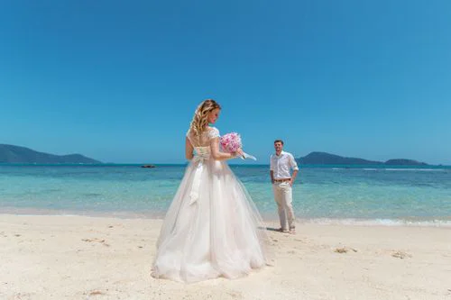 Pink and white geometric bamboo wedding arch, Phuket — photo 41